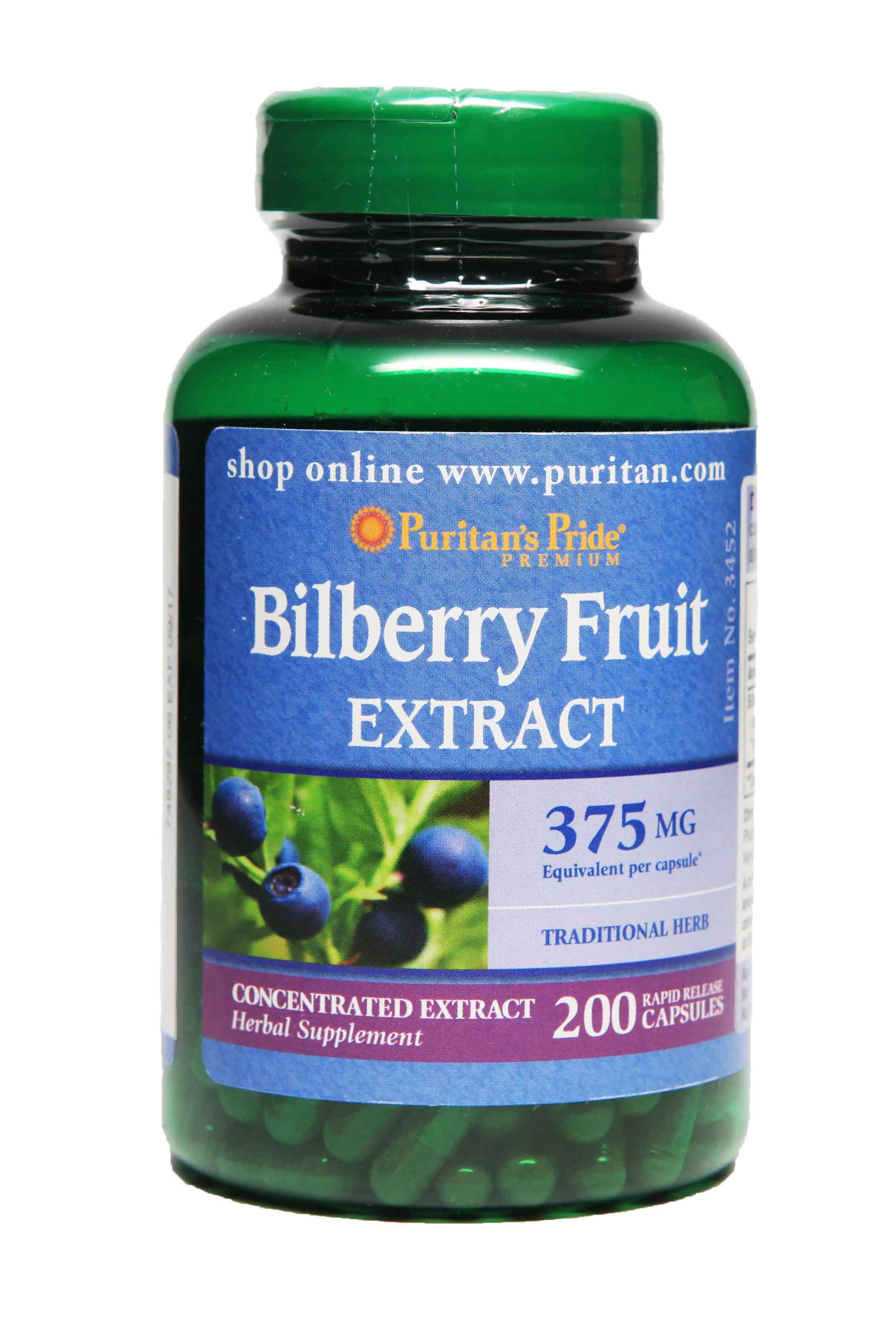 Puritan's Pride Bilberry Fruit Extract 375 mg 200 Capsules dhxj