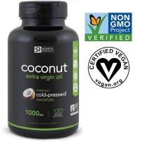 Vegetarian Extra Virgin Coconut Oil (1000mg) made from cold-pressed organic Coconuts; The Only non-GMO verified, Vegan safe Coconut Oil Capsule Available - 120