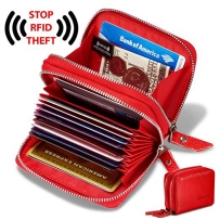 KALMORE 女士真皮RFID安全宽敞可爱拉链卡钱包小钱包 大红色