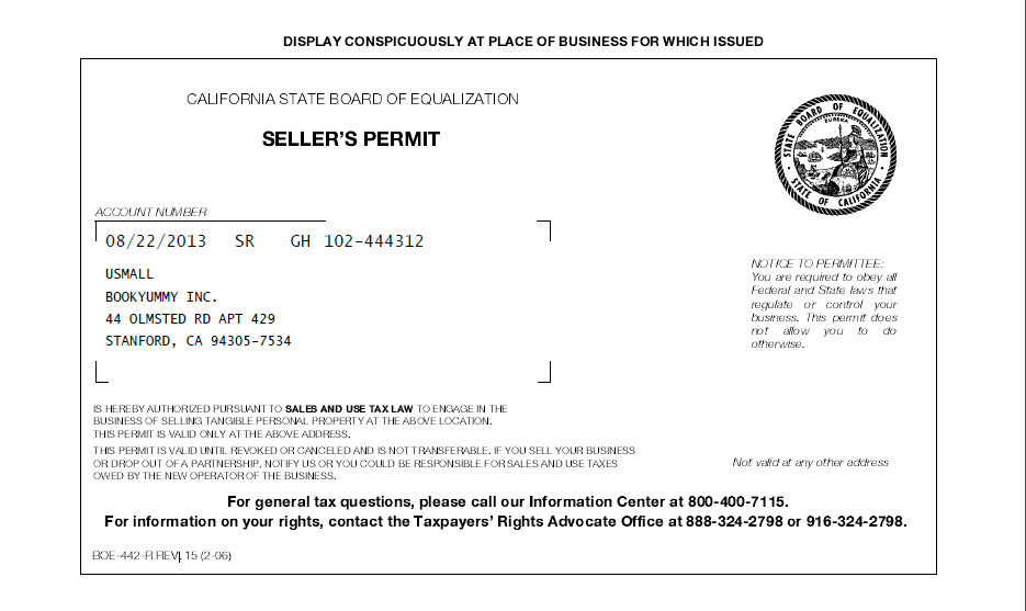 USMall 加州零售执照 Seller's Permit